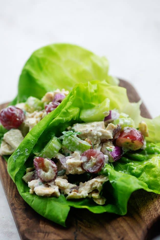 Greek yogurt chicken salad in lettuce wraps