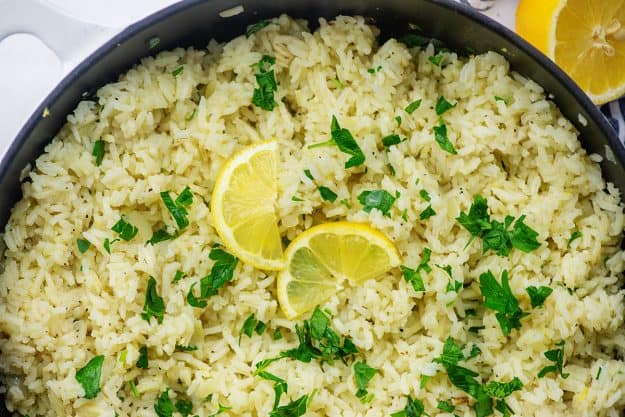 rice pilaf in black dish.