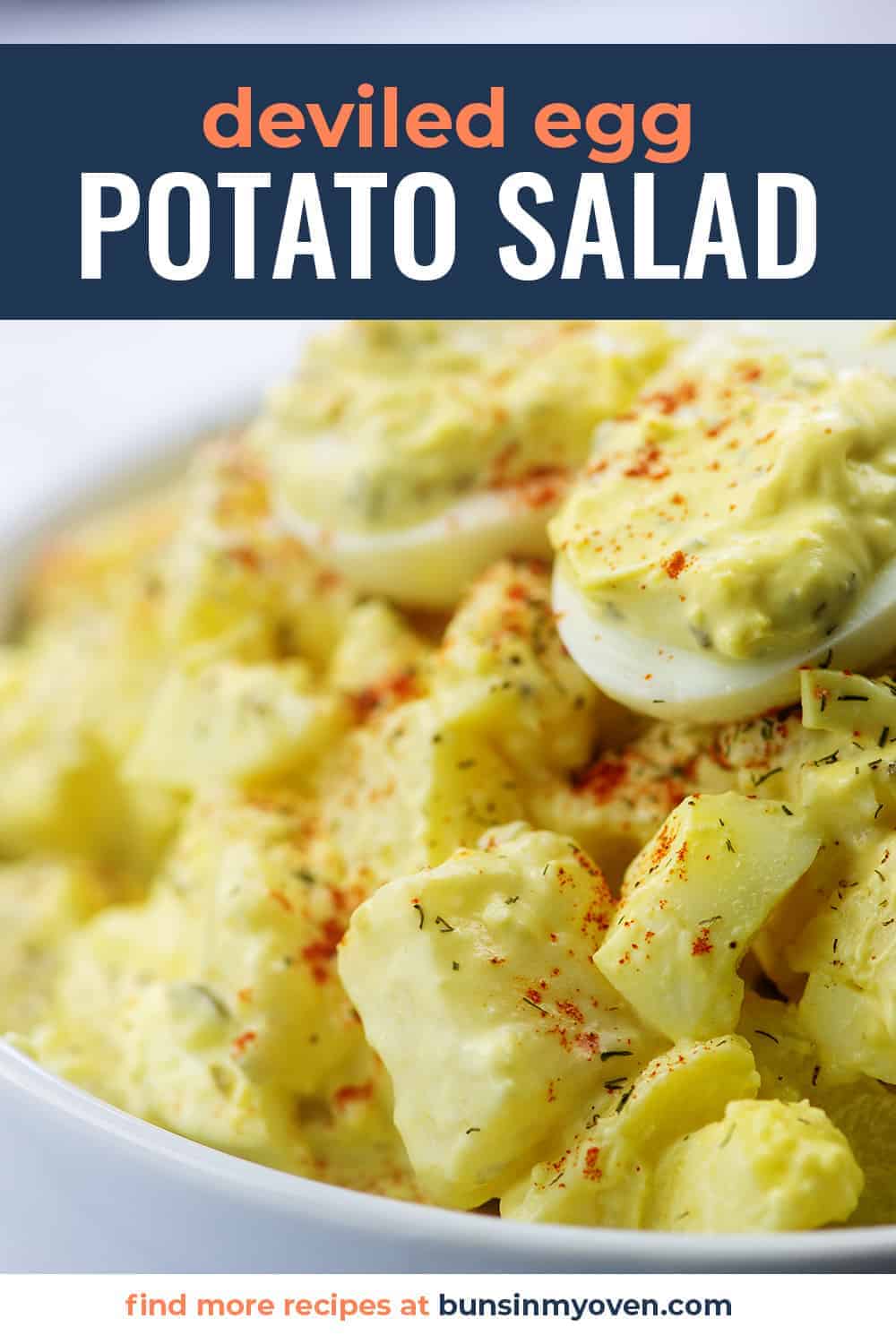 deviled egg potato salad in white dish