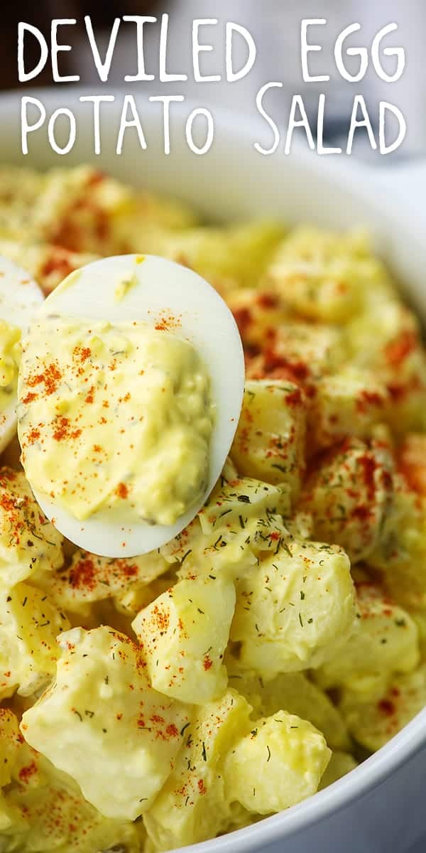potato salad with deviled egg on top