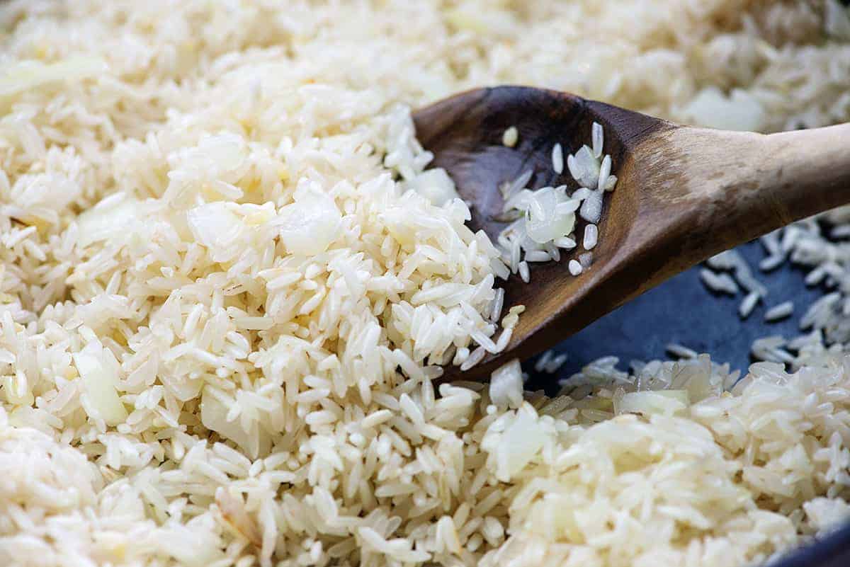 toasted rice in cast iron pan