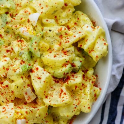 potato salad recipe in white bowl
