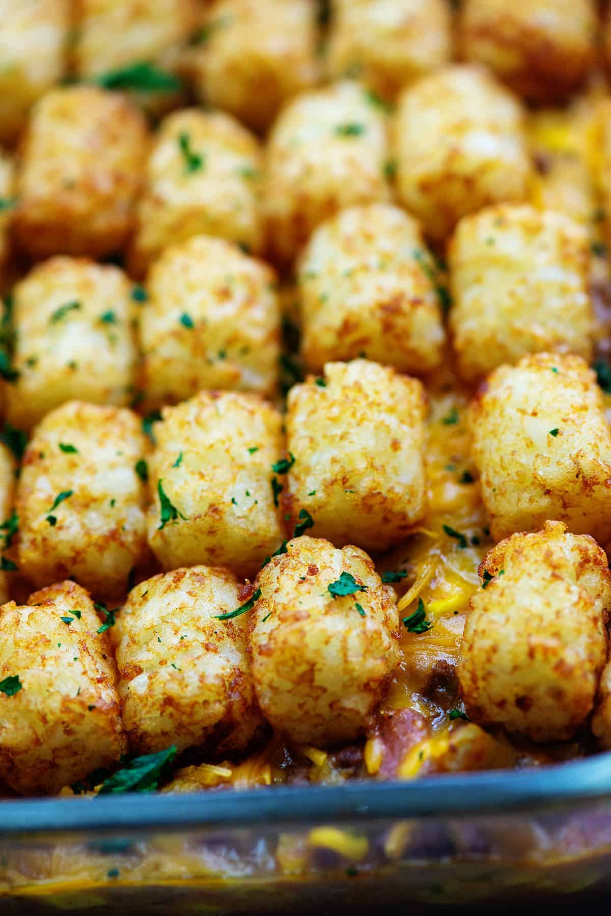 tater tots in casserole dish