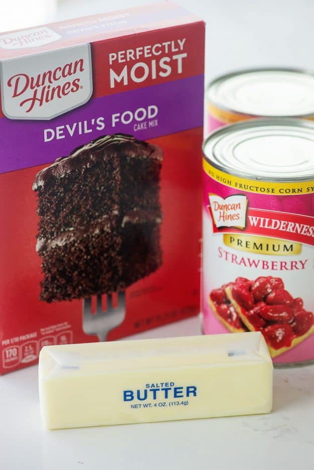 ingredients for chocolate strawberry dump cake