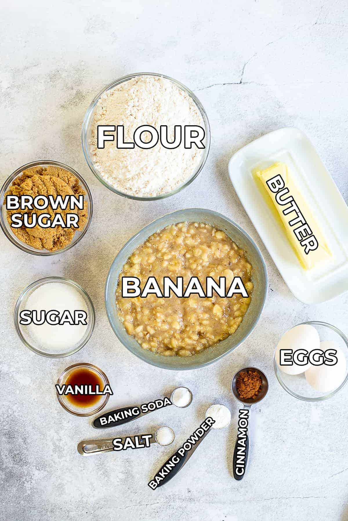 classic banana bread ingredients with labels.