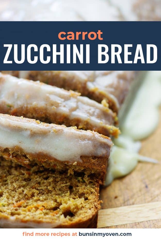 zucchini bread with cream cheese glaze on wooden cutting board