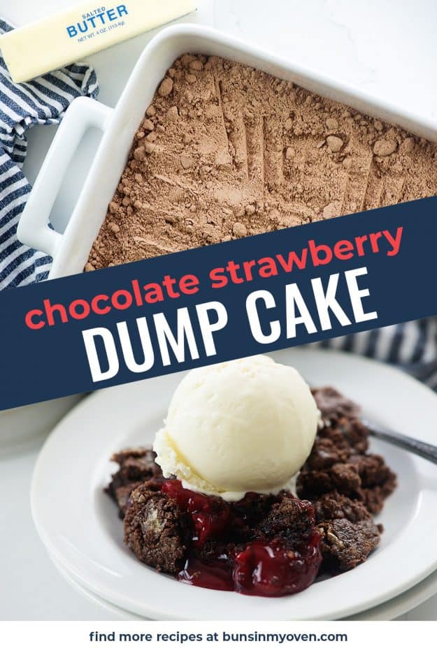 photo collage of chocolate strawberry dump cake recipe