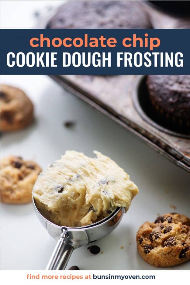 frosting in cookie scoop next to mini chocolate chip cookies
