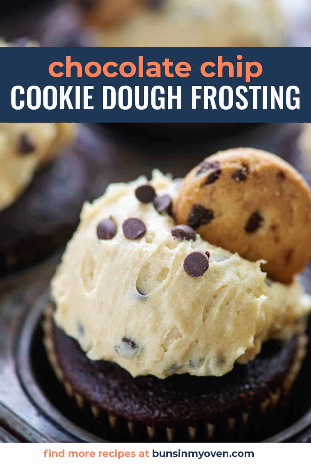 chocolate chip cookie dough frosting on chocolate cupcake 