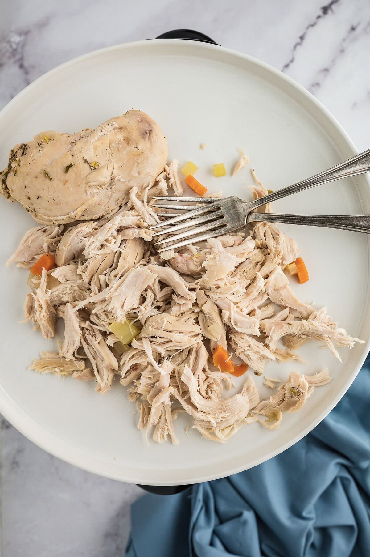 Shredded chicken on plate.
