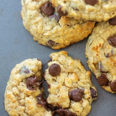 peanut butter banana cookies with chocolate chips on cookie sheet