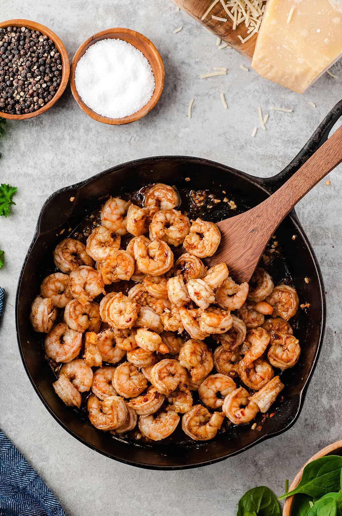 cooked shrimp in cast iron skillet