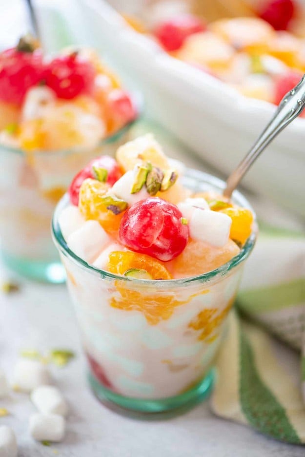 ambrosia salad in small glass.