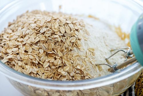 oats and flour in mixing bowl