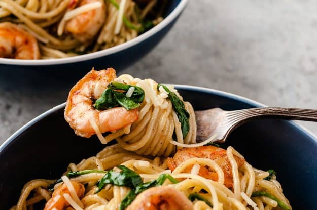 parmesan shrimp pasta recipe with pasta on fork