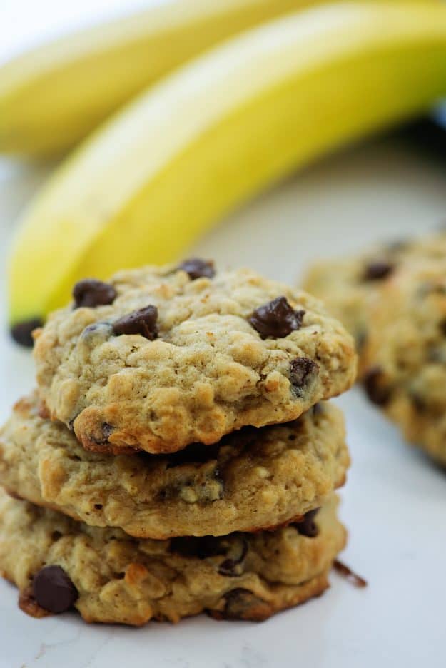 stack of chocolate chip banana cocokies on white surface