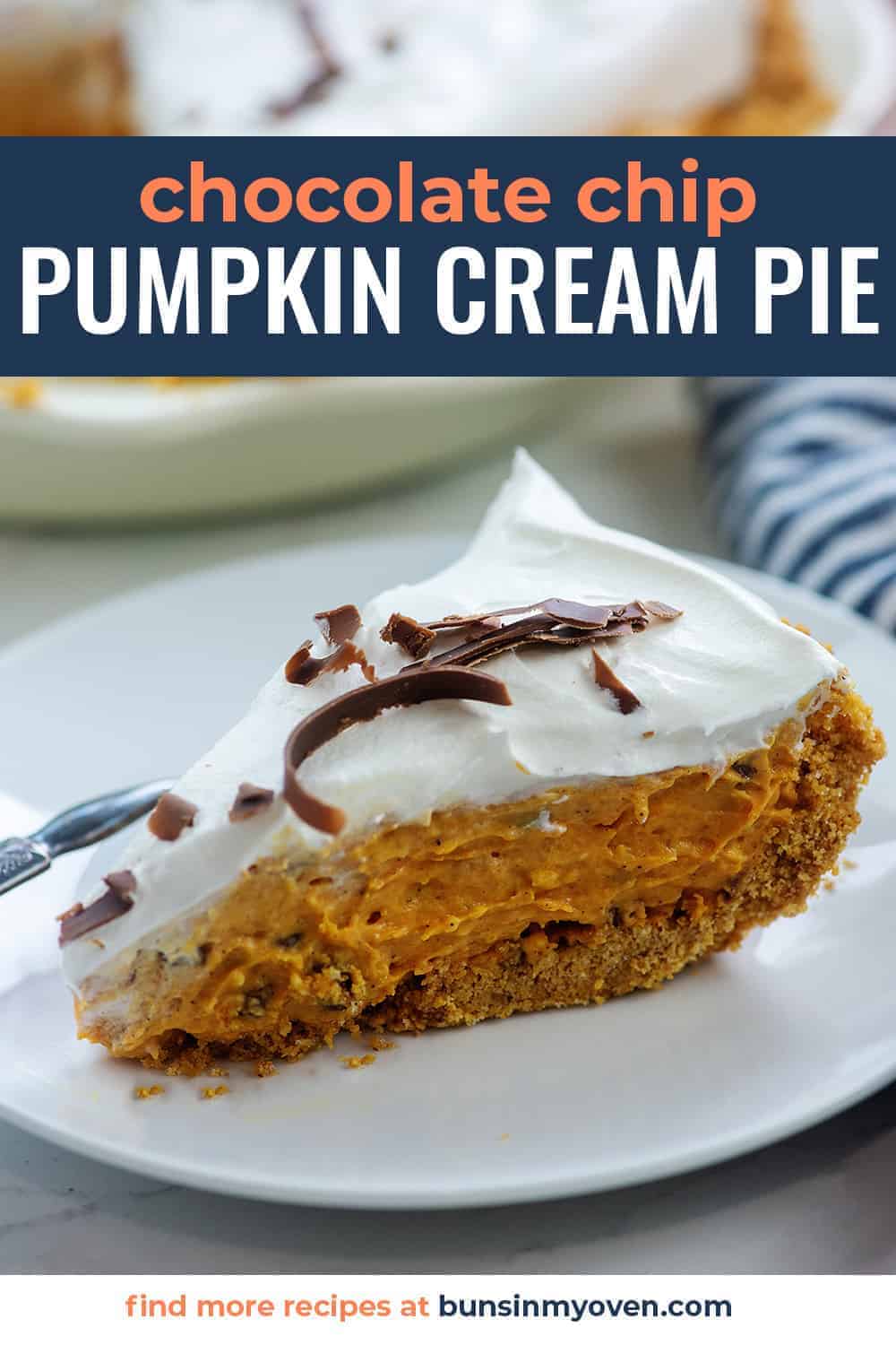 chocolate chip pumpkin cream pie with cool whip on white plate
