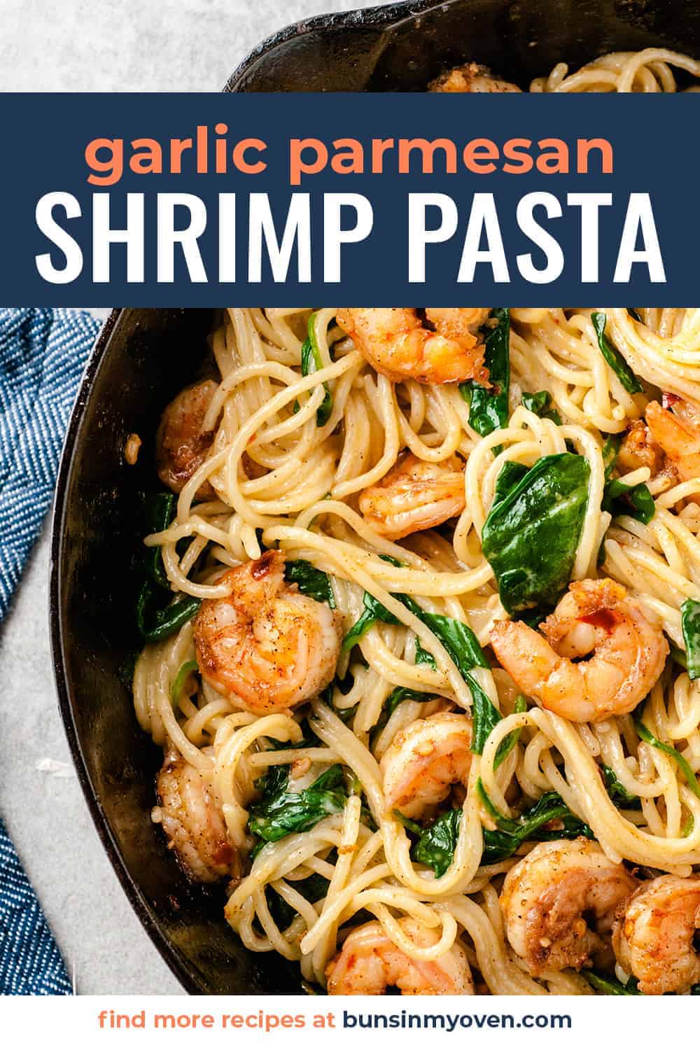 garlic shrimp in cast iron skillet with pasta