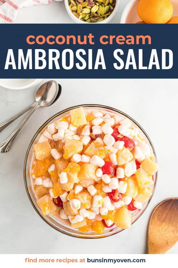 ambrosia salad in glass bowl with pistachios