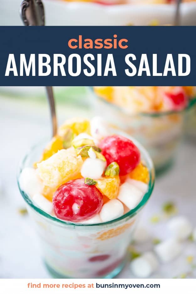 glass full of ambrosia salad with text for Pinterest.