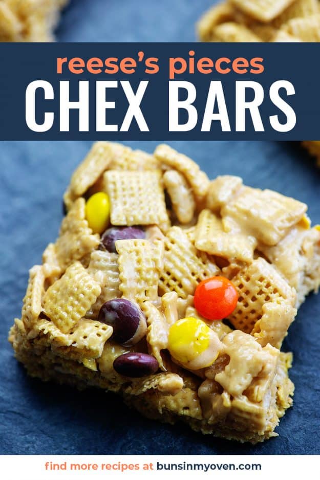 reese's pieces chex cereal bars on slate background