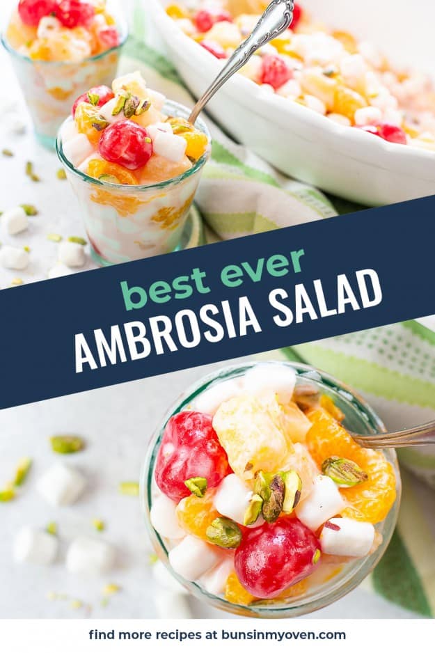 collage of ambrosia salad images for Pinterest.