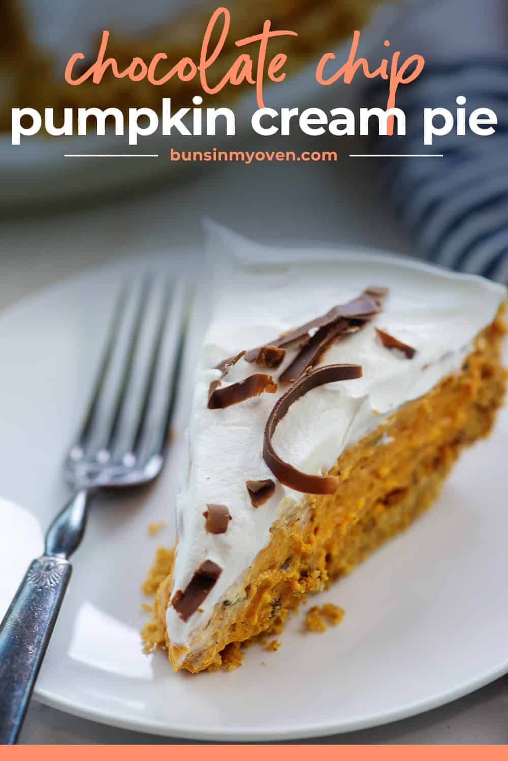 chocolate chip pumpkin cream pie on white plate