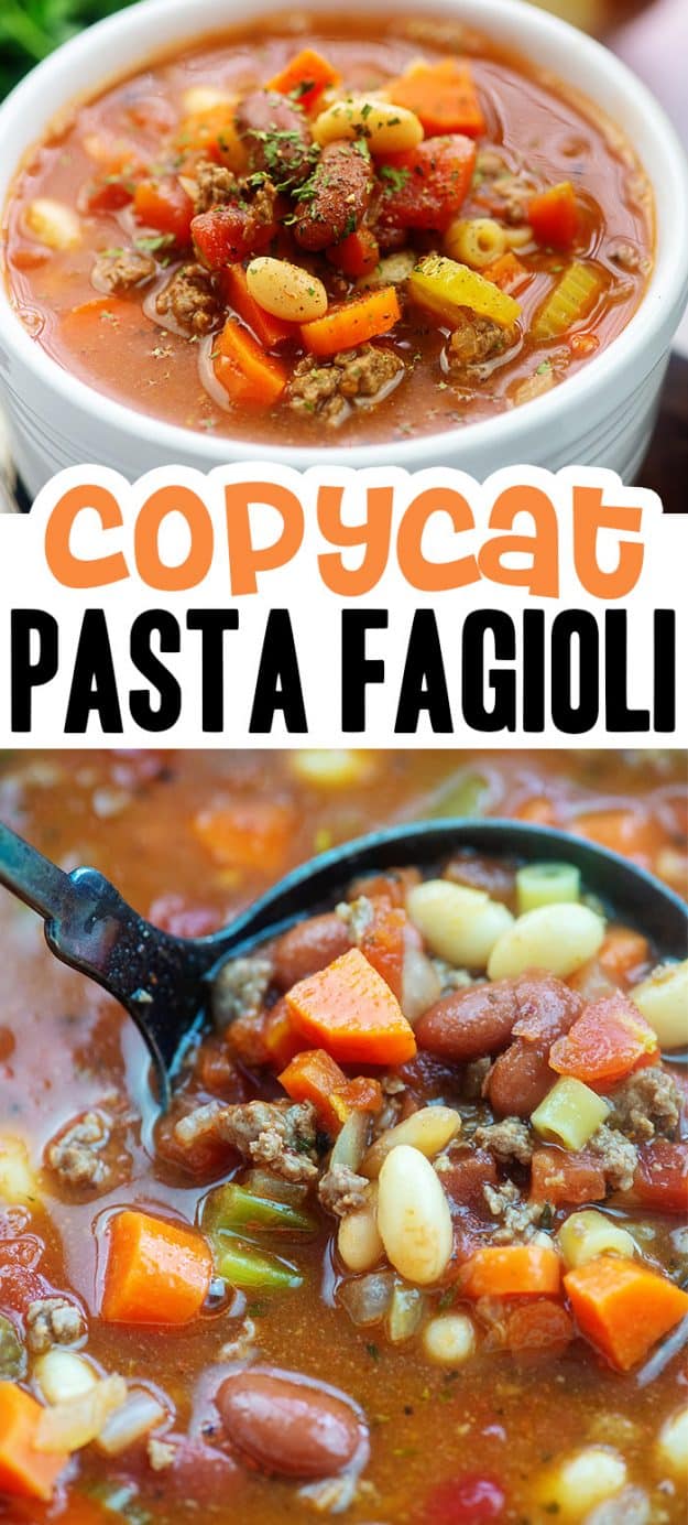 Photo collage of pasta fagioli soup.