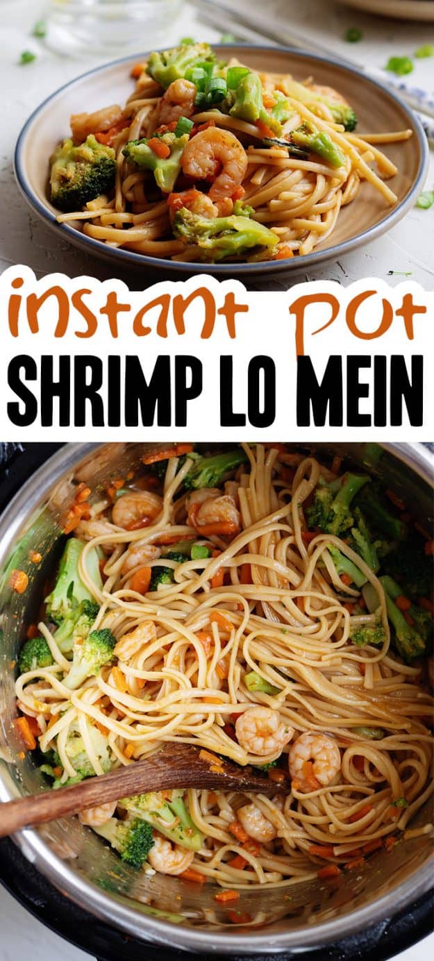 lo mein with shrimp photo collage.
