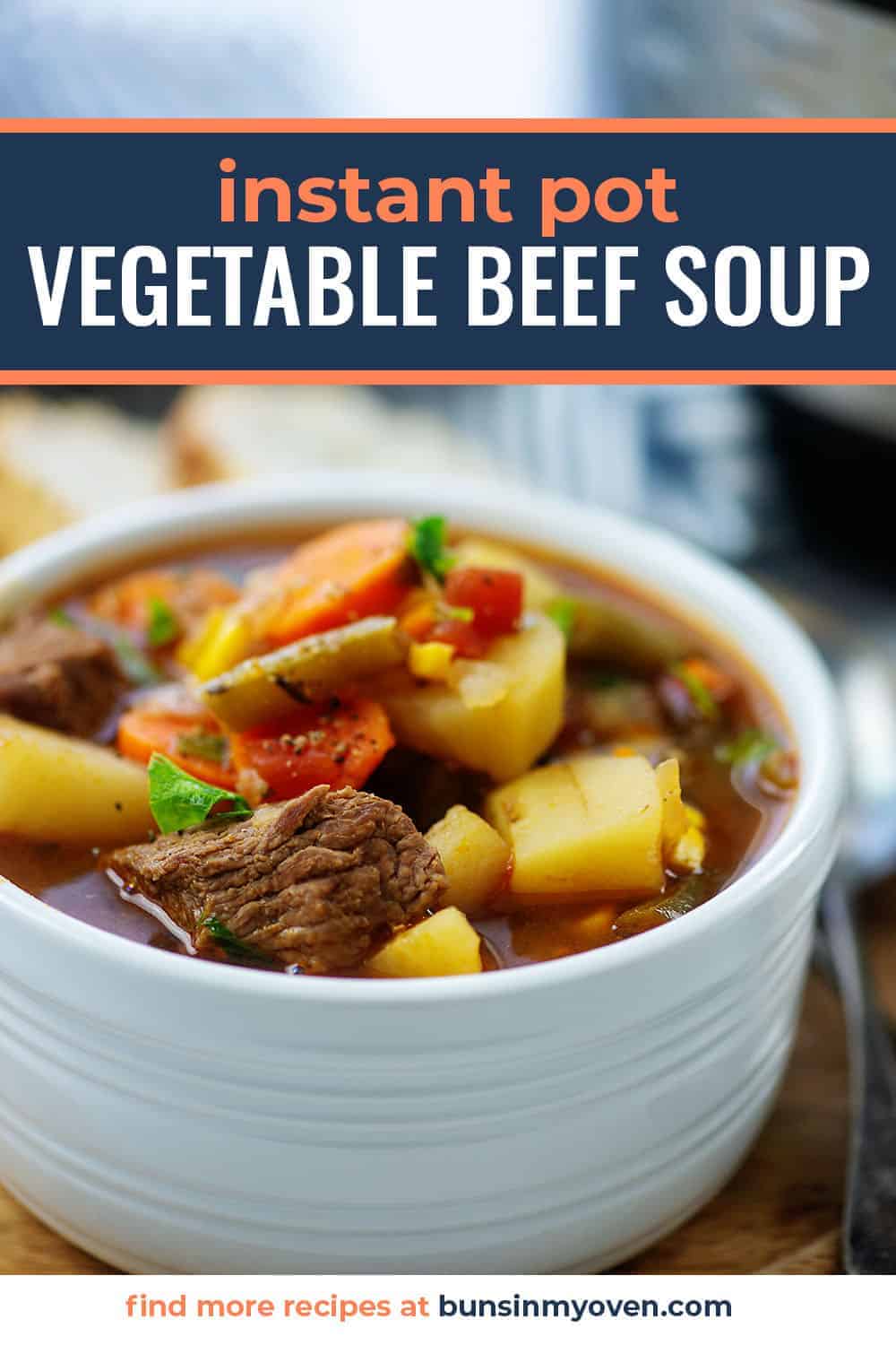 vegetable beef soup in white bowl.