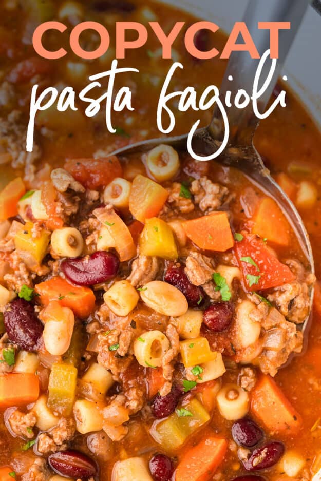 Ladle full of pasta y fagioli soup.
