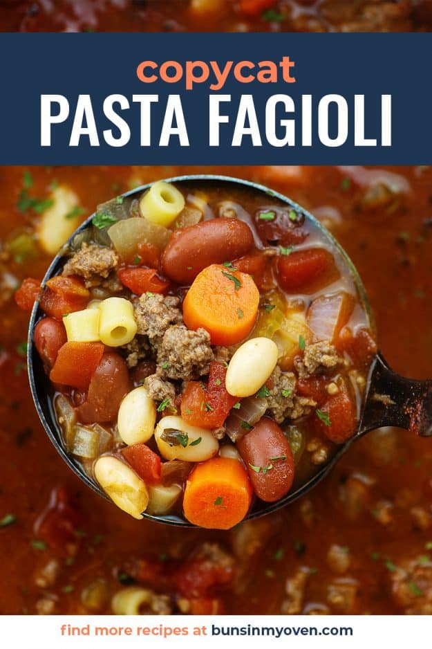 olive garden pasta fagioli recipe in ladle.