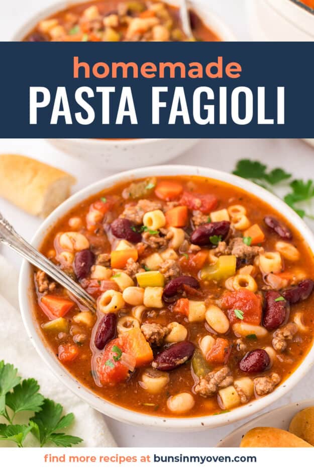 Homemade pasta fagioli soup in white bowl.