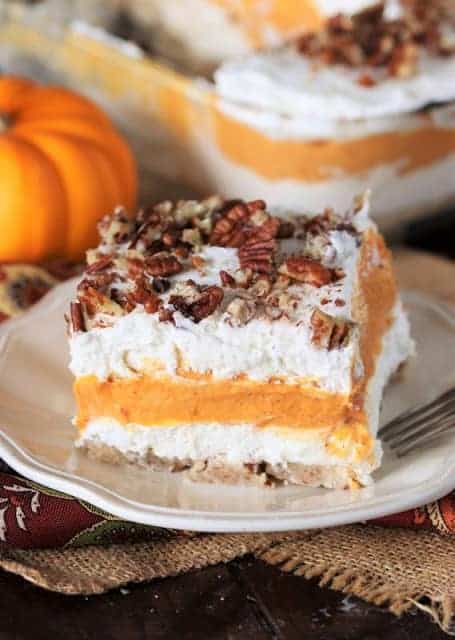 pumpkin layered dessert on white plate.
