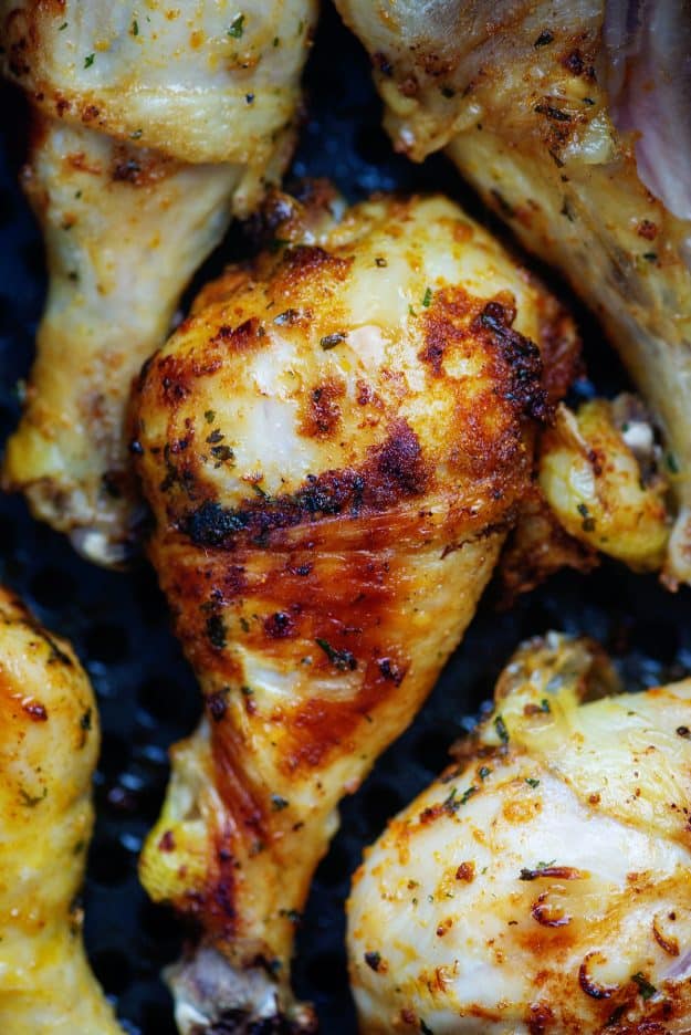 crispy chicken legs in an air fryer.