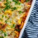 baked cheese tortellini recipe in baking dish.