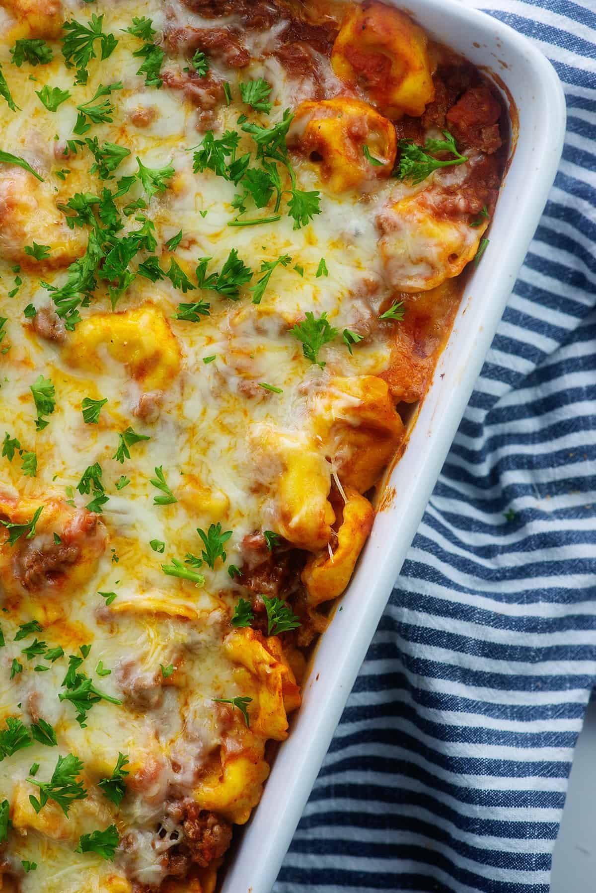 baked cheese tortellini recipe in baking dish.