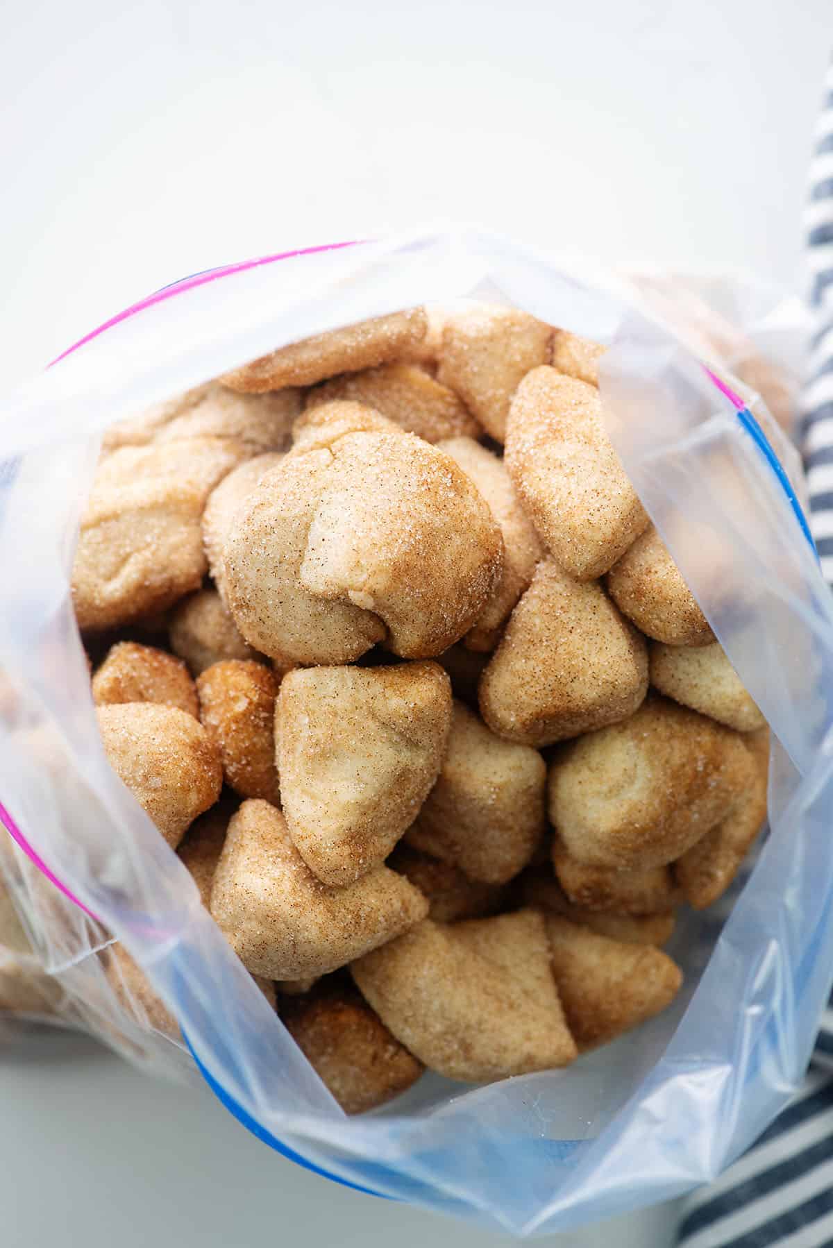 ziptop bag full of cinnamon sugar biscuit pieces.