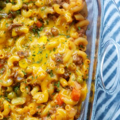 hamburger casserole in glass baking dish.