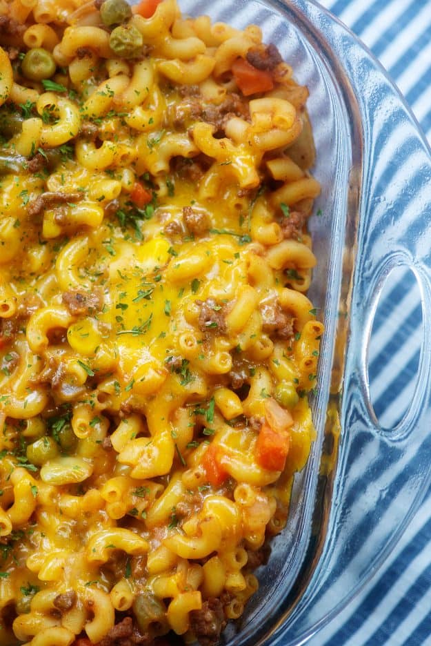 hamburger casserole in glass baking dish.