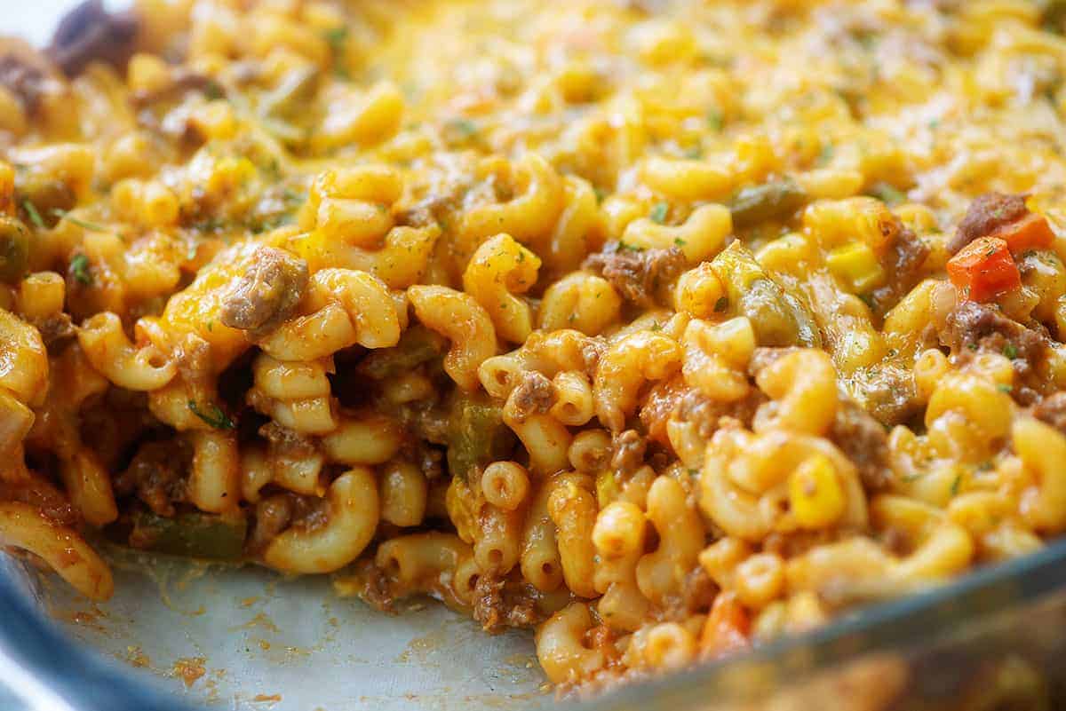 hamburger meat casserole in glass baking dish.