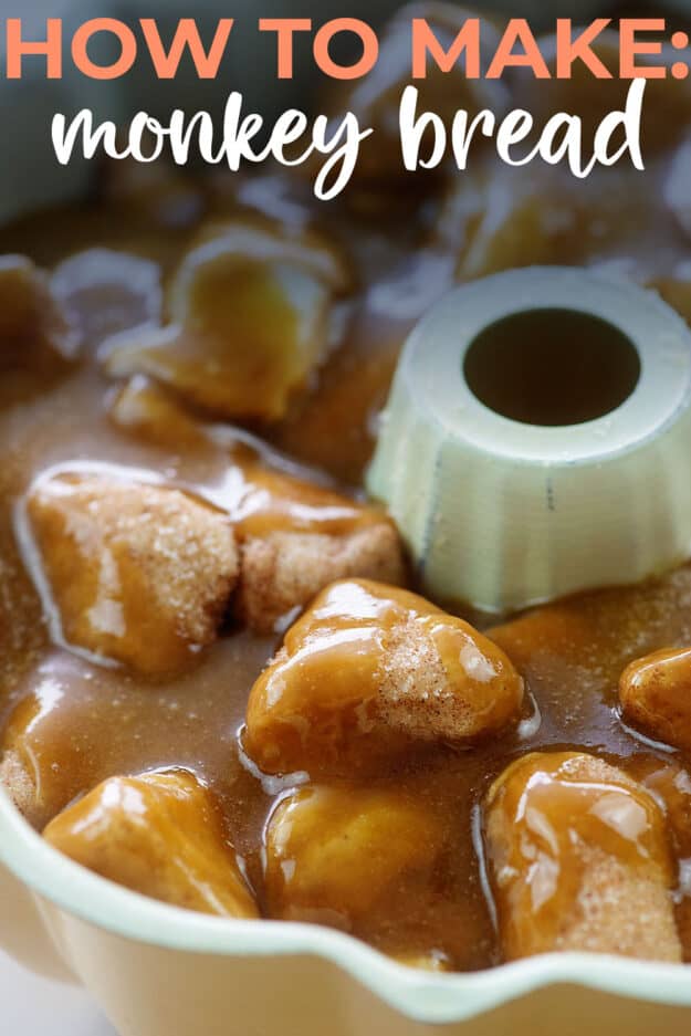 monkey bread mixture in bundt pan.