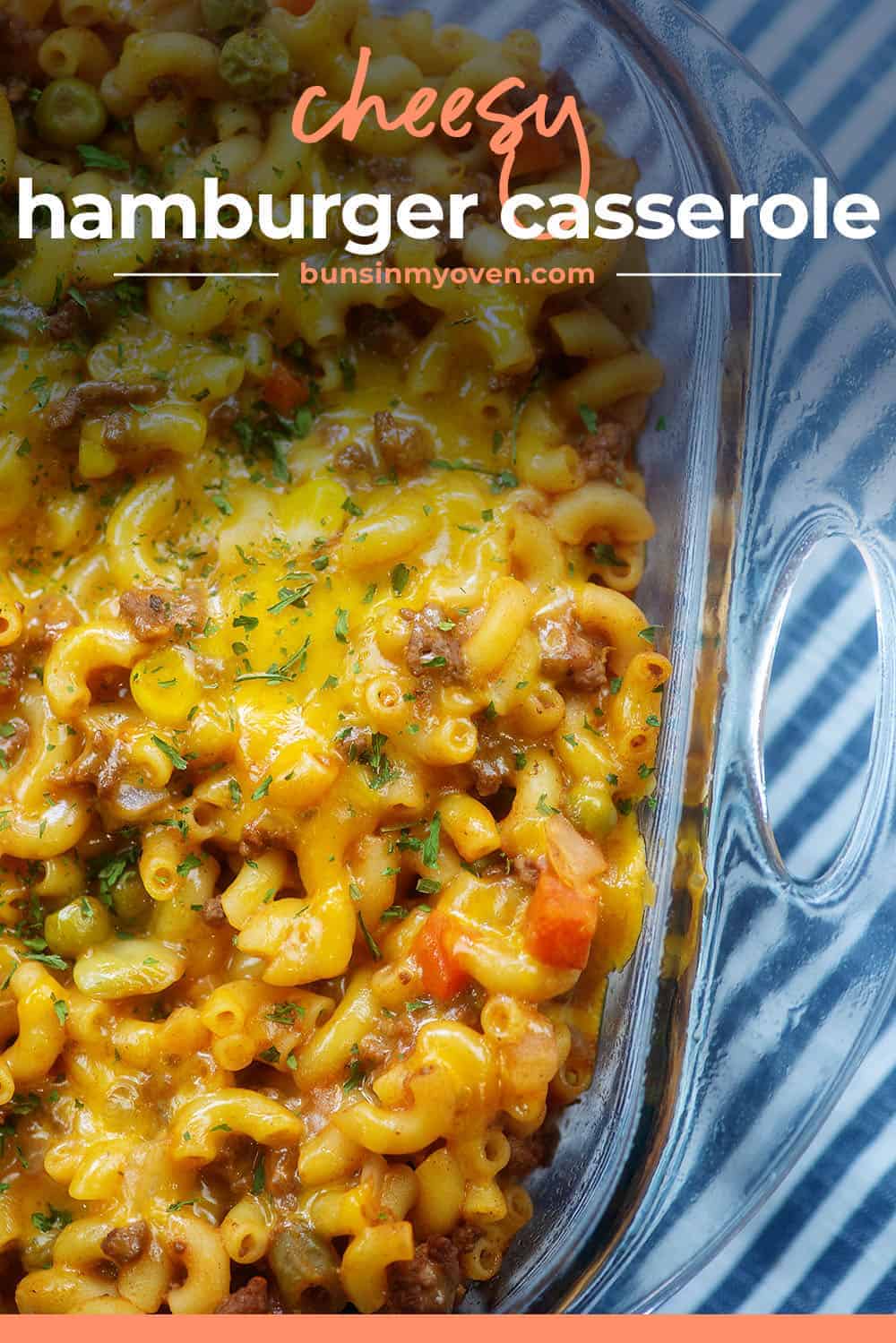 easy hamburger casserole in glass baking dish.