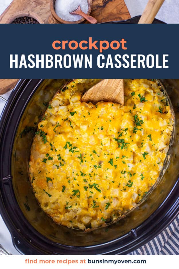 overhead view of crockpot hashbrown casserole with text for Pinterest.
