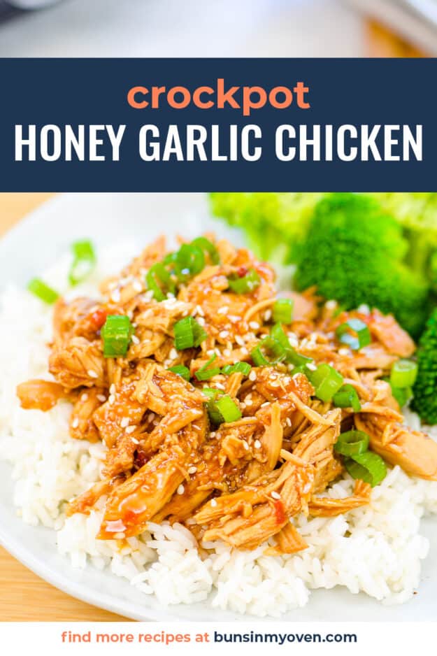 slow cooker honey garlic chicken on white plate with rice and broccoli.