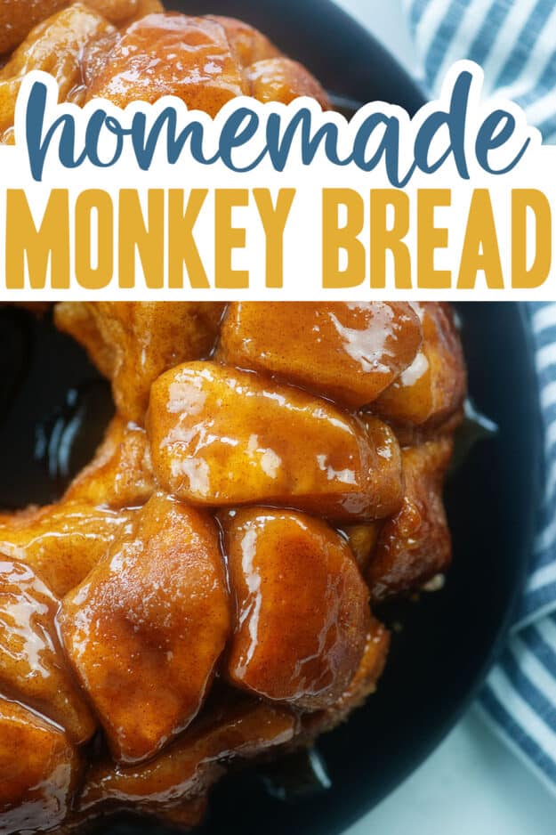 homemade monkey bread on black plate with text for Pinterest.