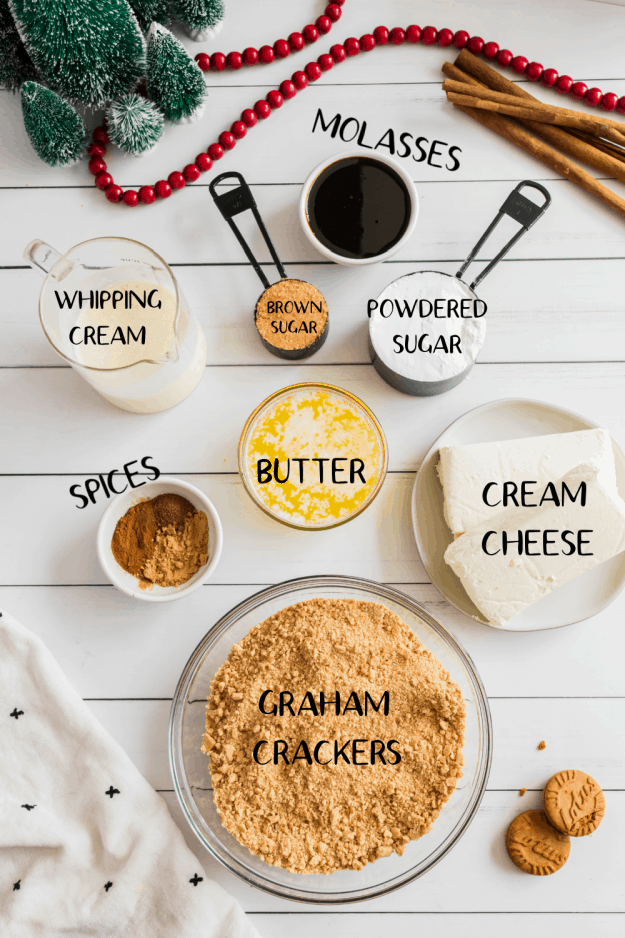 ingredients for no bake gingerbread cheesecake.
