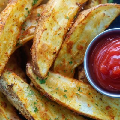 potato wedges on plate with cup of ketchup.