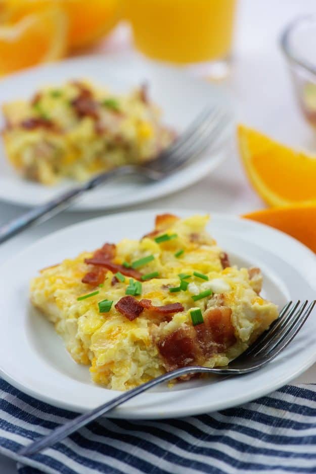 Amish breakfast casserole on plates.