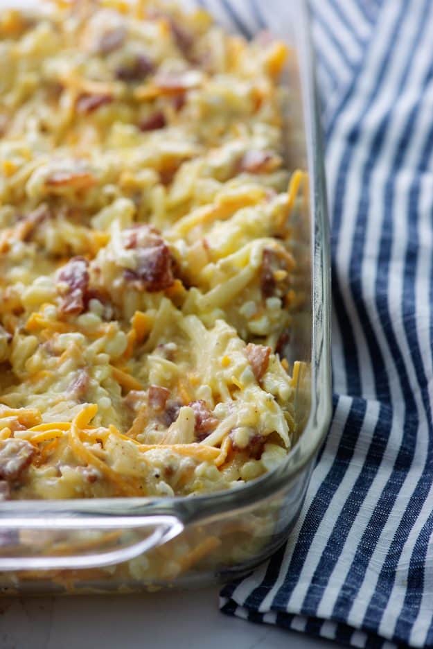 ingredients for bacon breakfast casserole in baking dish.